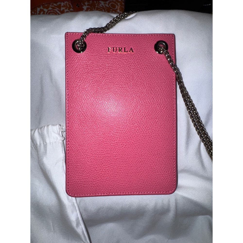 Furla Pink Textured Leather Crossbody Phone Bag Gold Chain Strap Purse Dust Bag